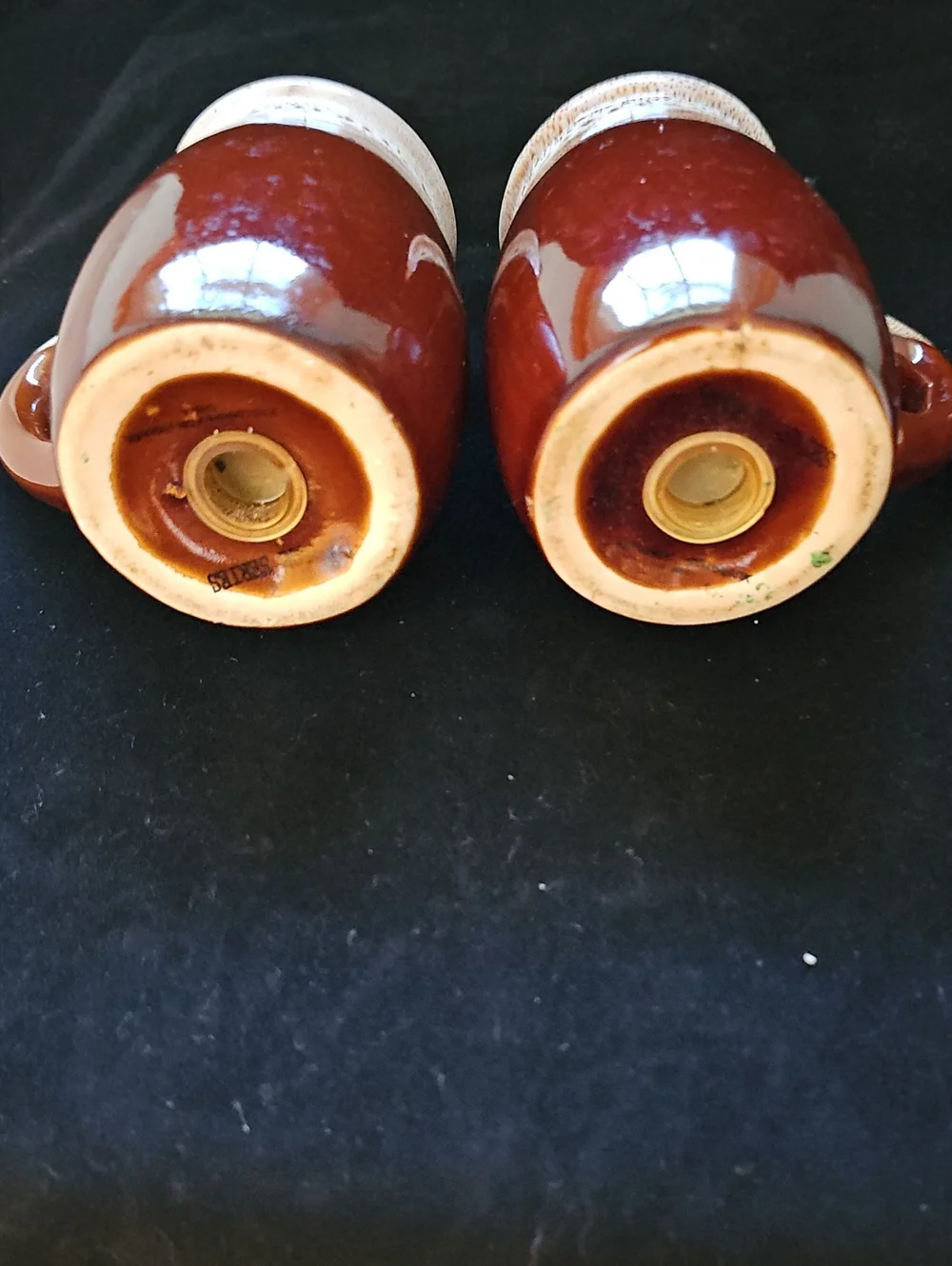 Vintage Brown And Cream Ceramic Salt / Pepper Shaker Mugs with Cream Drip Glaze